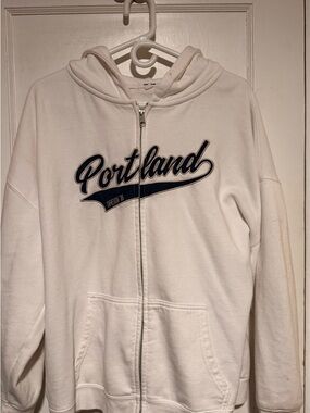 Garage White Hoodie Sweatshirt with Navy "Portland" Script